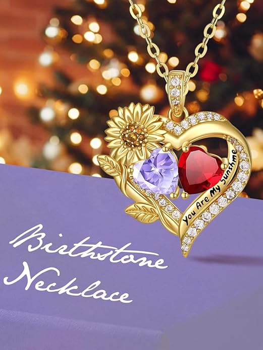 Sunflower Heart Necklace for Women 14K Gold Exquisite Anniversary Birthday Gifts for Wife Mother Her Double Birthstone Pendant jewelry‘You Are My Sunshine’