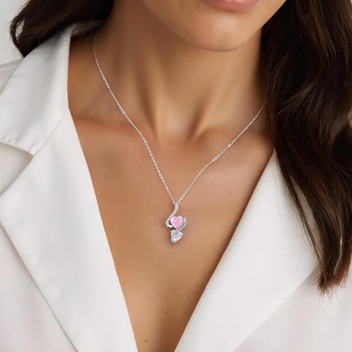 LOUISA SECRET 925 Sterling Silver Opal Birthstone Necklace, Unique Tiny Double Heart Pendant Jewelry, Engraved with "S925 I Love You" Best Birthday Gift for Women Wife Girlfriend Mom Her, Christmas Day Valentine's Day Anniversary Mother's Day