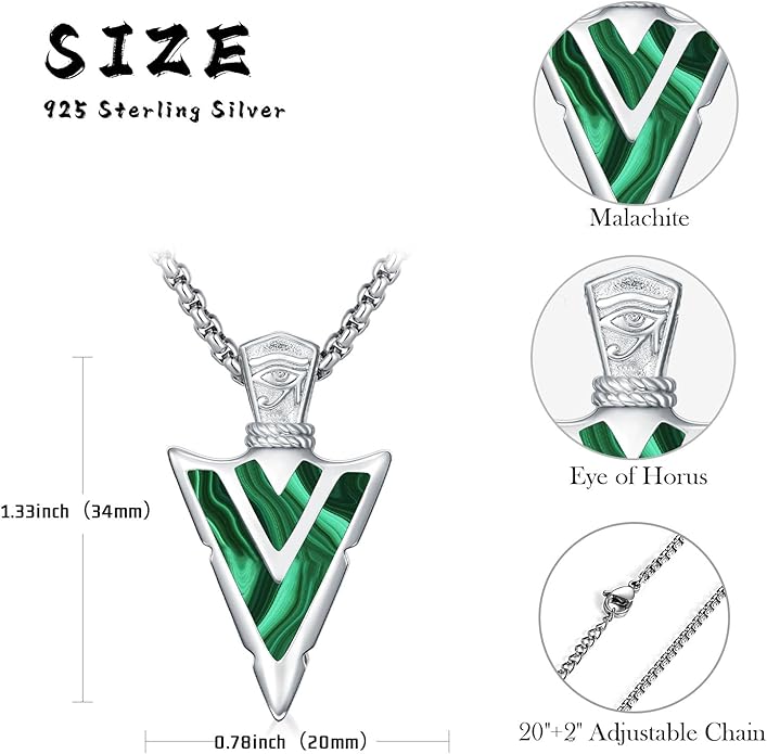 Suiknsn Arrowhead Necklace for Men Women 925 Sterling Silver Turquoise Malachite Celtic/Eye of Horus/Viking Arrow Pendant Amulet Jewelry Gifts Native American Necklace