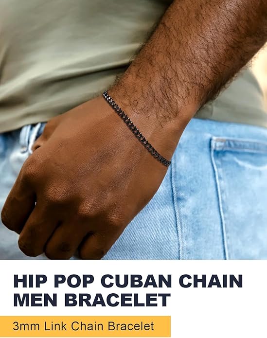 U7 Link Bracelets for Men, Cuban Link/Rope/Watch Band Solid Bracelet, Silver Black Gold Color Wrist Bracelet 3/6/9/12/15mm Width, 6.5/7.5/8.3 Inch Length, Hand Chain Jewelry for Mens Women
