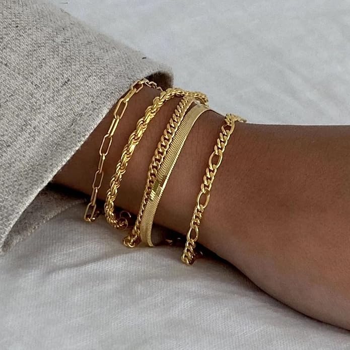 Gold Bracelets for Women Trendy,14K Gold Plated Dainty Stackable Paperclip Cuban Link Chain Bracelets, Simple Cute Cuff Bracelets Jewelry Set Adjustable 7"+2"