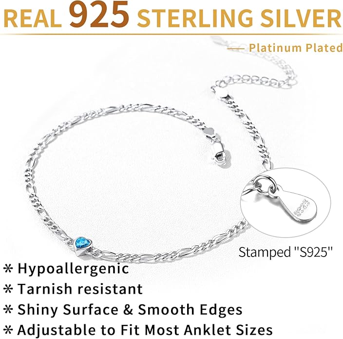 ChicSilver Sterling Silver Anklets Bracelets for Women, Figaro Chain Heart/Round Birthstone Anklet for Women Waterproof, Dainty Herringbone Ankle Bracelet Summer Beach jewelry