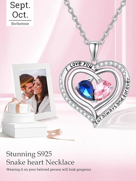 Zeuslia Double Birthstone Necklace Gifts for Wife - 925 Sterling Silver Sunflower/Rose/Crown Cross/Compass/Heart Pendant I Love You Necklace, Anniversary Birthday Gifts for Wife Girlfriend Mom Her