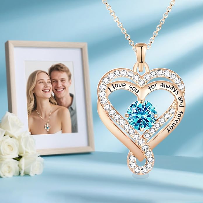 Birthstone Heart Necklaces for Women, Infinity Pendent S925 Sterling Silver Jewelry for Women, Wedding Anniversary, Birthday Mother’s Day Gifts for Mom, Mother, Wife, Girlfriend