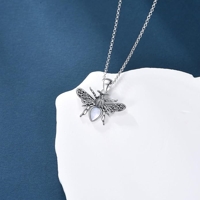 Bee Moonstone Necklace, 925 Sterling Silver Vintage Pendant with Natural Gemstone, Boho Hypoallergenic Jewelry Gift for Her
