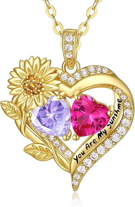 Sunflower Heart Necklace for Women 14K Gold Exquisite Anniversary Birthday Gifts for Wife Mother Her Double Birthstone Pendant jewelry‘You Are My Sunshine’