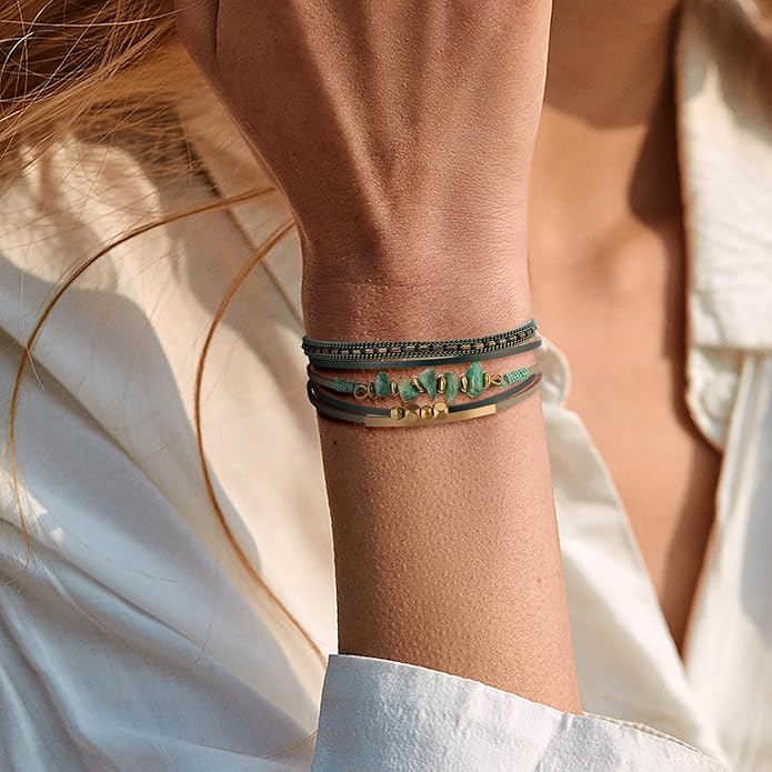 Fesciory Leather Wrap Bracelets for Women, Boho Leopard Multi-Layer Crystal Beads Cuff Bracelet Jewelry