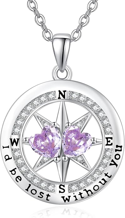 Compass Birthstones Necklace for Women, Exquisite Anniversary Birthday Gifts for Wife Her Double Birthstone Pendant jewelry ‘I'd be Lost Without You’