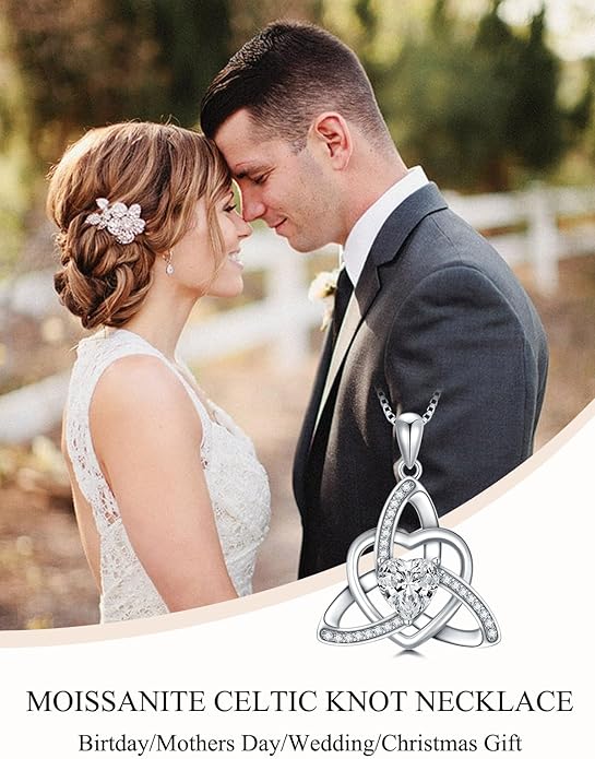 1CT Heart Moissanite Celtic Knot Necklace for Women, 925 Sterling Silver Diamond Trinity Knot Celtic Pendant Necklace Irish Jewelry, Birthday Christmas Valentines Day Gift for Her Wife Mom, 18+2 Inch
