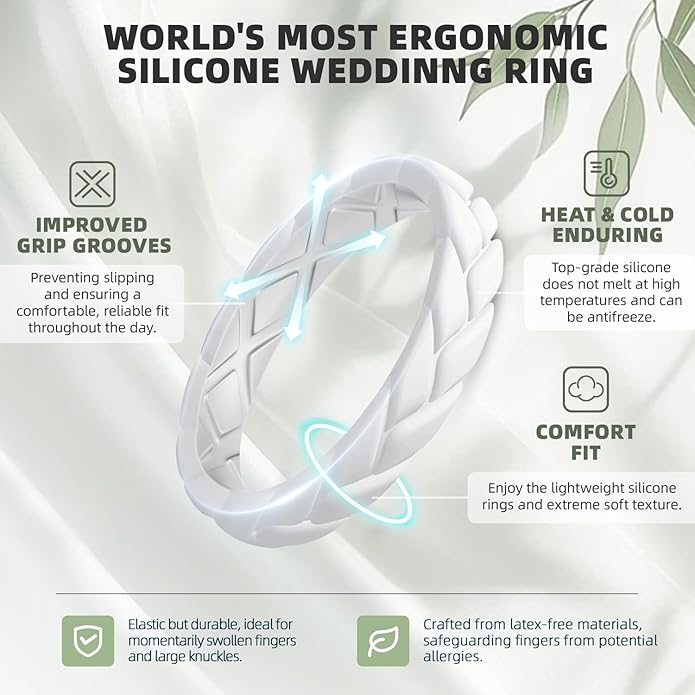Egnaro Women's Silicone Stackable Rings 3.5mm Wide 2mm Thick, Rubber Flexible Hypoallergenic Wedding Bands For Workout Leaf Braided Fashion
