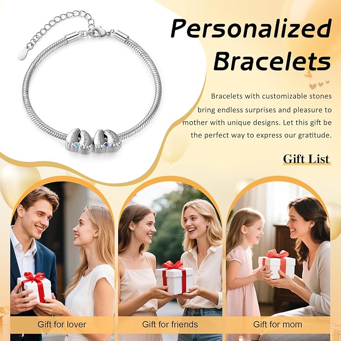 Jeweidea Personalized Foot Charm Birthstone Bracelet – Custom Engraved Bracelet with 1–5 Foot Charms, Name and Date Engraving, Meaningful Jewelry Gift for Mom Wife