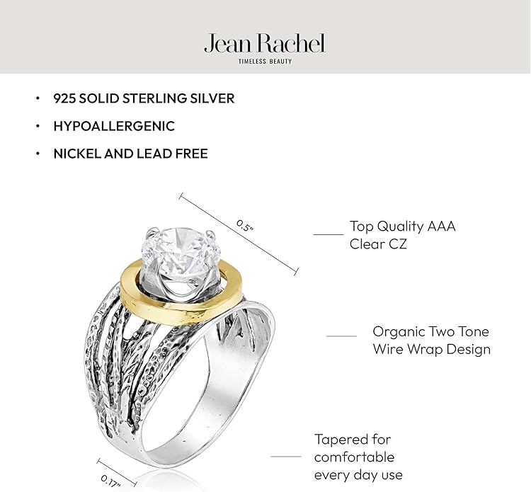 JEAN RACHEL JEWELRY Mixed Metal Two Tone Ring for Women – CZ Wire Wrap – 925 Sterling Silver & 14K Gold Over Silver – Sculptural Wire Band with Round CZ – Hypoallergenic Design