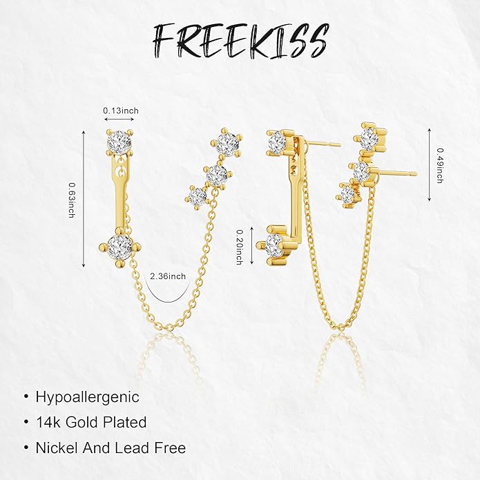 Freekiss Gold Chain Studs Earrings for Women Trendy: Hypoallergenic 14K Gold Plated Dangle Earrings Dainty Small Long Chain Earring Set Fashion Gold Jewelry for Women