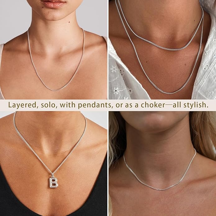 3mm Cuban Link Chains for Women Men, s925 Sterling Silver Plated Necklace Curb Chain 14, 16, 18, 20, 22, 24 Inch