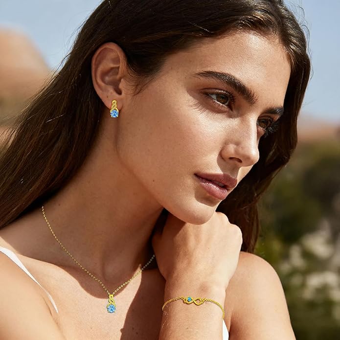 HNPHQT Jewelry Sets for Women-18K Gold Plated Dainty Birthstone Pendant,Trendy Necklace Earrings Infinity Bracelets Set,Ideal Jewelry Gifts for Her Mom