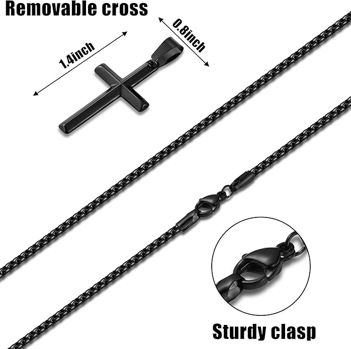 Fiusem Beveled Edge Cross Necklace for Men, Silver Tone/Black/14K Gold Plated Mens Cross Necklace, 2.5MM Stainless Steel Box Chain with Pendant