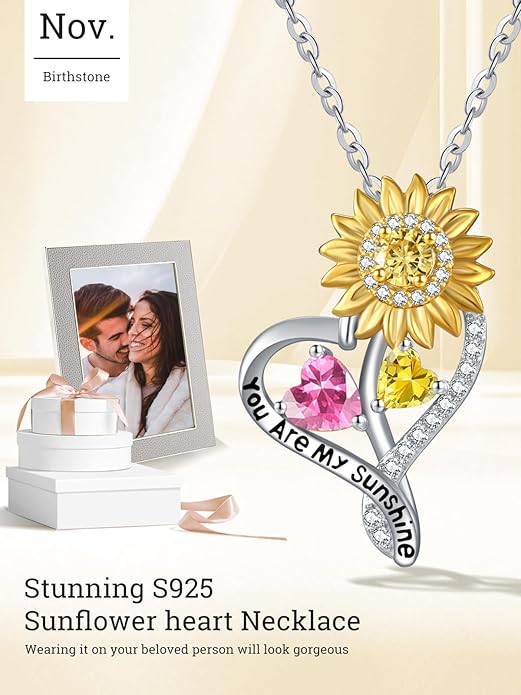 Zeuslia Double Birthstone Necklace Gifts for Wife - 925 Sterling Silver Sunflower/Rose/Crown Cross/Compass/Heart Pendant I Love You Necklace, Anniversary Birthday Gifts for Wife Girlfriend Mom Her