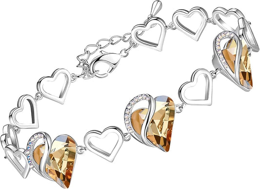 Leafael Infinity Love Heart Link Bracelets, Birthstone or Healing Stone Crystal Bracelet for Women, Silver Tone Jewelry Gifts for Her, 7-inch Chain and 2-inch Extender