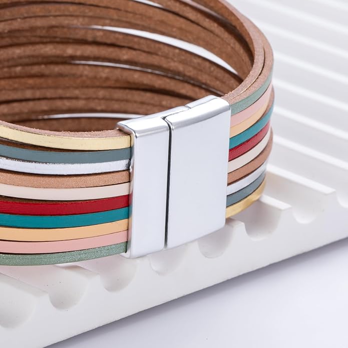 FANCY SHINY Boho Leather Wrap Bracelet Stackable Layered Bangle Cuff with Magnetic Clasp