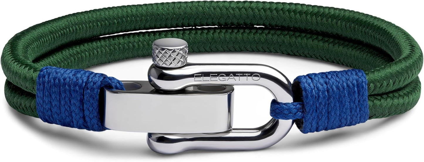 Elegatto Duetto Platinum Rope Bracelet for Men | Double Nautical Nylon Cord with Silver Polished Stainless Steel Shackle Clasp | Waterproof and Fade-Resistant
