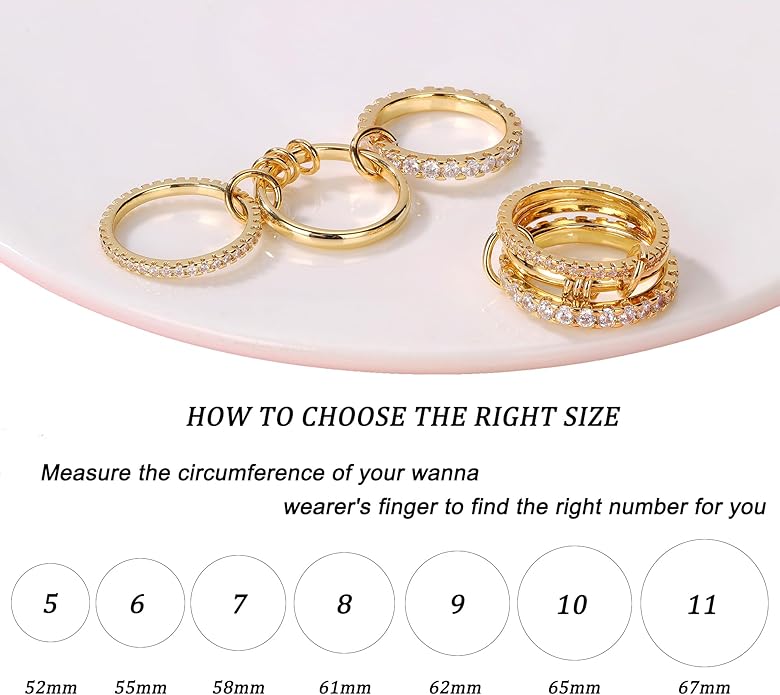 Gold Stackable Rings for Women Non Tarnish, 18K Gold Plated CZ Cubic Zirconia Rings, Golden Rings Set, Multi-Link Connected Rings