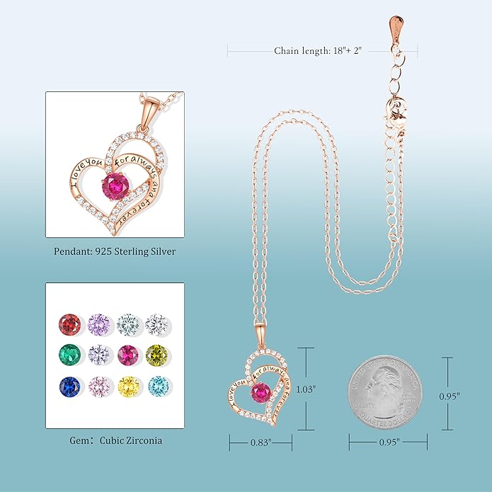 Heart Birthstone Silver Necklace for Women, S925 Sterling Silver Pendant Necklace Birthday Jewelry Gifts for Her Mother Mom Wife Girlfriend