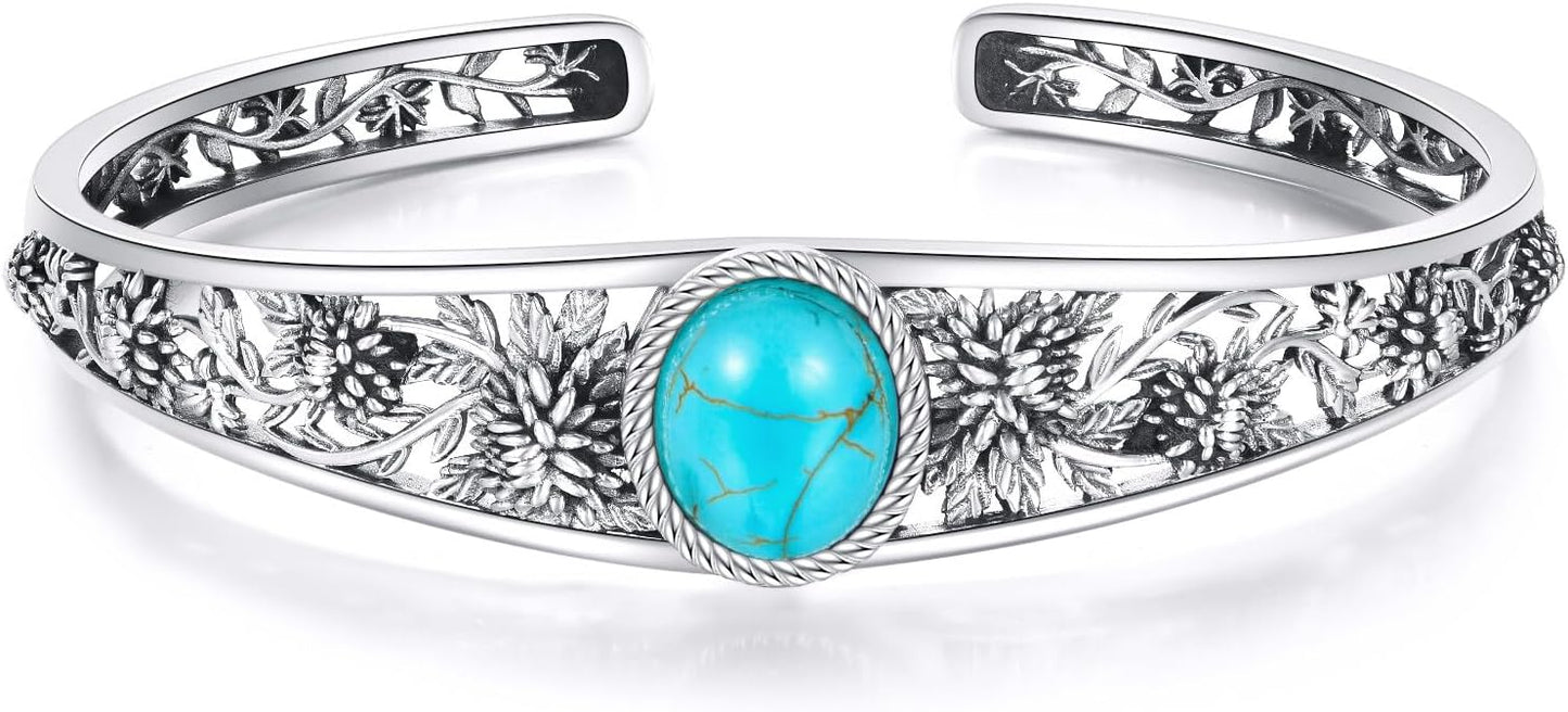 Christmas Jewelry Gift for Women-Genuine Turquoise Cuff Bracelet, Sterling Silver Western Vintage Floral Bangle Native American Jewelry, For 6.5-7.5 Inch Wrists