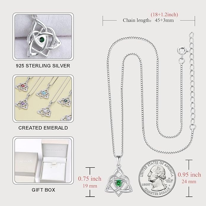 STARCHENIE Celtic Knot Necklace Earrings for Women 925 Sterling Silver Irish Love Knot Pendant May Birthstone Created Emerald Trinity Jewelry Set