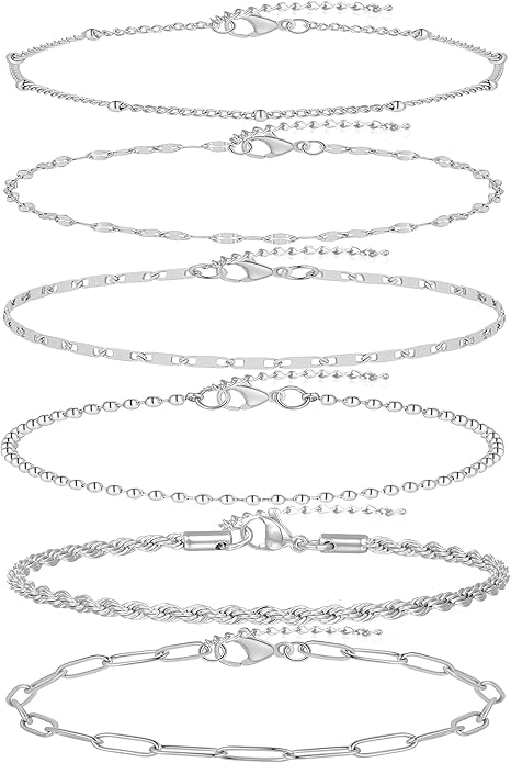 6PCS 18k Gold Plated Stainless Steel Ankle Bracelets for Women Waterproof Layered Herringbone Figaro Bead Paperclip Rope Tennis Box Cuban Link Rolo Satellite Chain Anklets Set Gold Tone