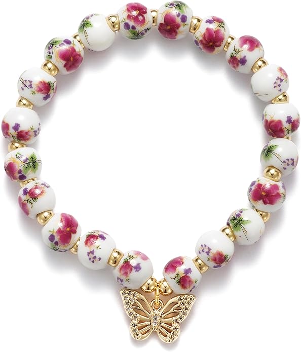 Beads Bow Charm Bracelet for Women Flower Vintage Bracelet Handmade Stretch Beaded Dainty Romantic Jewelry Gifts