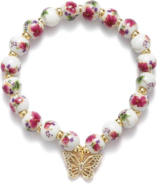 Beads Bow Charm Bracelet for Women Flower Vintage Bracelet Handmade Stretch Beaded Dainty Romantic Jewelry Gifts