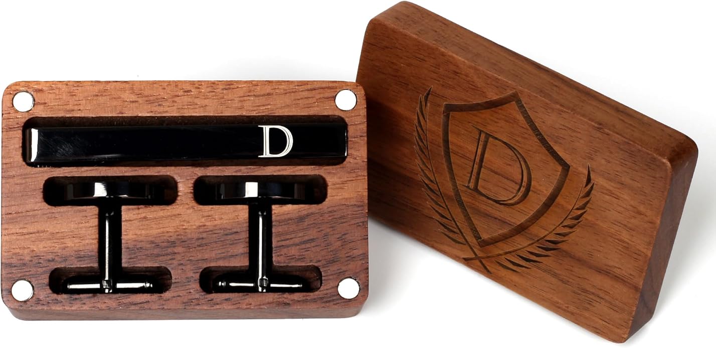 Mens Initial Cufflinks and Tie Clip A-Z Alphabet Letter Black Stainless Cuff Links Tie Bar with Engraved Walnut Wood Box Groom Groomsman Wedding Set