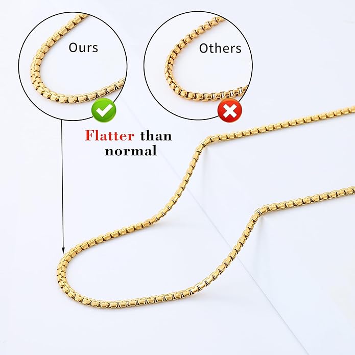 Fiusem Flat Box Chains for Men, 14k Gold Plated Stainless Steel Chain Necklace, 2.5/3/4/4.5/5mm Necklaces for Men and Women 16-28 Inch