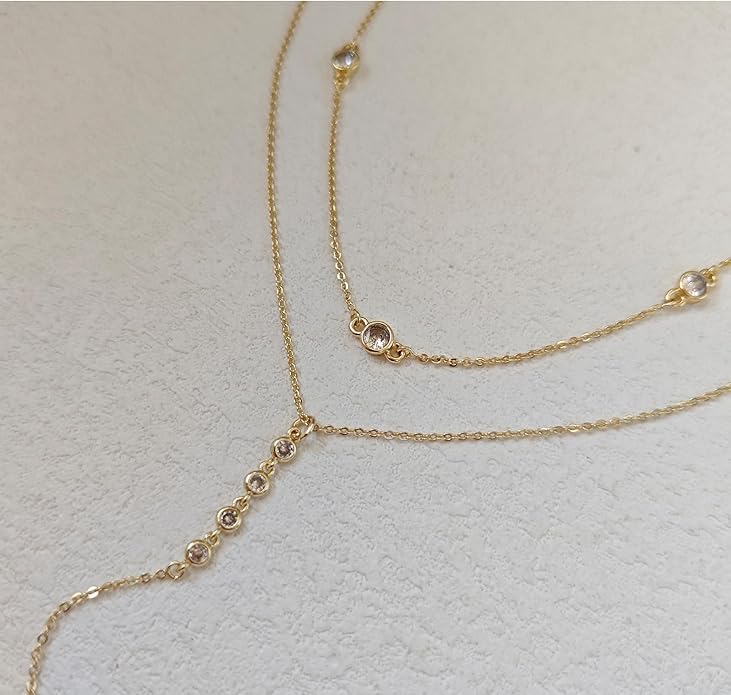 Lariat Silver/Gold Necklace for Women 925 Silver/14K Gold Plated Dainty Long Necklace Y-Shaped Drop Pendant Necklaces Choker Trendy Chain Simple Layered Necklaces CZ Jewelry for Women Set Gift