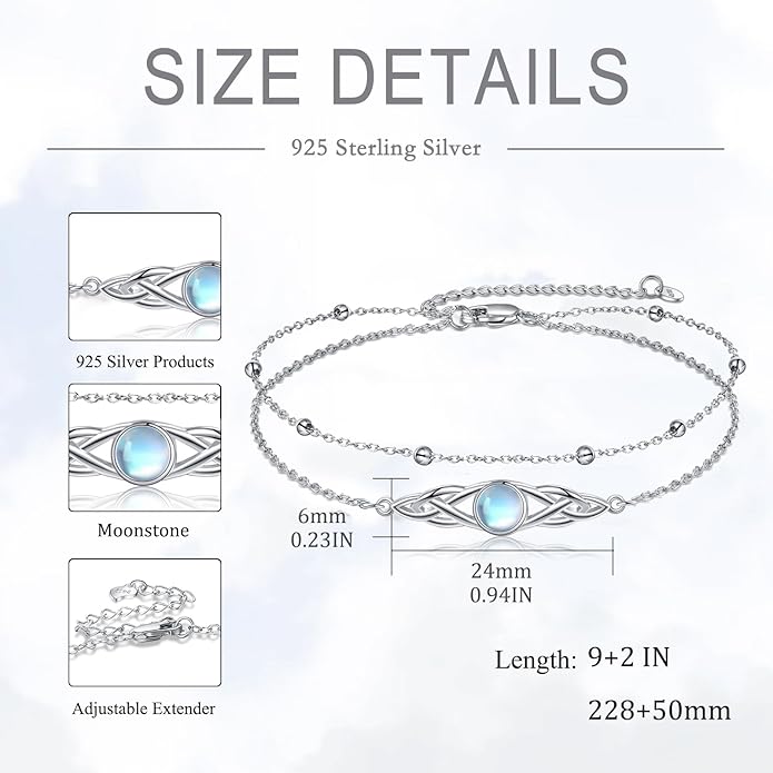 VONALA 925 Sterling Silver Celtic Anklet for Women Irish Moonstone Ankle Bracelet Moonstone Anklet Knot Viking Gemstone Jewelry