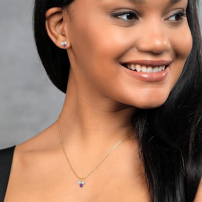 Gem Stone King 14K Yellow Gold White Lab Grown Diamond and Purple Amethyst 3 Stone Pendant and Earrings Jewelry Set For Women (0.90 Cttw, Round 3MM, with 18 Inch Chain)