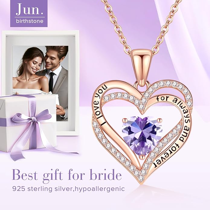 Vakki Birthstone Jewelry for Women Pendant Necklace 925 Sterling Silver Heart Necklace Birthday Gifts for Wife Daughter Girlfriend
