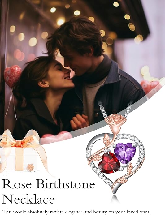 Christmas Gifts for Women Rose Heart Birthstone Pendant Necklace I Love You Forever Jewelry Valentine Mothers Day Birthday Gifts for Women Her Wife Girlfriend