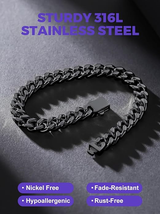 Richsteel 5/7/9/12mm Wide Miami Cuban Link Chain Bracelet for Men Women,Stainless Steel/Gold/Black Plated,7.4/8.2/9 Inch Length,Hip Hop Urban Street-wear Jewelry(Gift Wrapped)