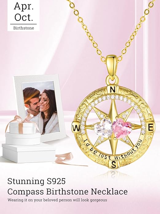 Zeuslia Double Birthstone Necklace Gifts for Wife - 925 Sterling Silver Sunflower/Rose/Crown Cross/Compass/Heart Pendant I Love You Necklace, Anniversary Birthday Gifts for Wife Girlfriend Mom Her