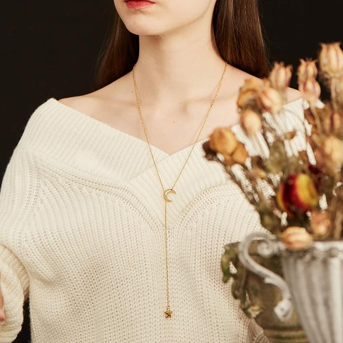 FOCALOOK Lariat Y-Necklaces | Long Necklaces for Women | Long Black Necklaces | Gold Necklaces for Women | Drop Heart Necklaces for Women | Front Adjustable Long Chain Necklace