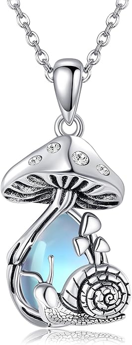 YAFEINI Mushroom Necklace Moonstone/Moss Agate/Malachite/Labradorite/Turquoise/Amber/Larimar/Black Onyx/Lapis Lazuli/Peridot/Opal Sterling Silver Mushroom Pendant Mother's Day Jewelry for Women Mom