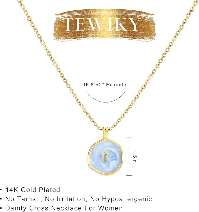 Tewiky Cross Necklace for Women-Dainty Simple 14k Gold Plated Cross Pendant Cute Necklaces for Women Jewelry