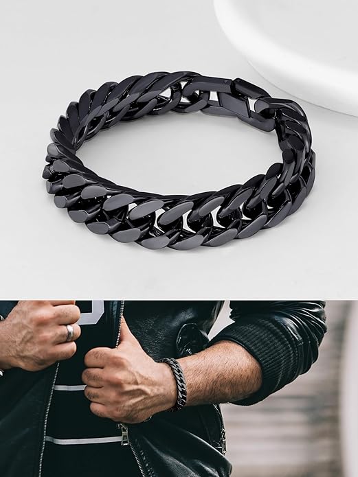 8/12/17mm Wide Cuban Link Bracelet for Men Father Gift 18K Gold/Black Plated Stainless Steel Bracelets 7.4-9 Inches(Gift Wrapped)