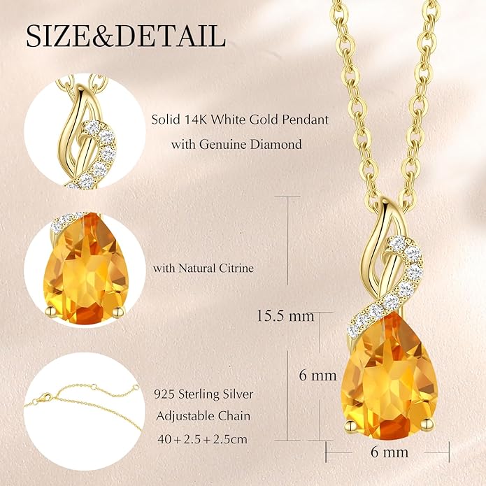 FANCIME 14K Solid Yellow Gold Teardrop Pendant with Diamond Birthstone Necklace Birthday Gifts for Mom Women, Sterling Silver Chain 16" + 2" Extender