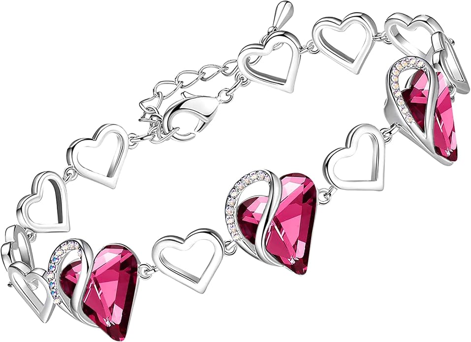 Leafael Infinity Love Heart Link Bracelets, Birthstone or Healing Stone Crystal Bracelet for Women, Silver Tone Jewelry Gifts for Her, 7-inch Chain and 2-inch Extender