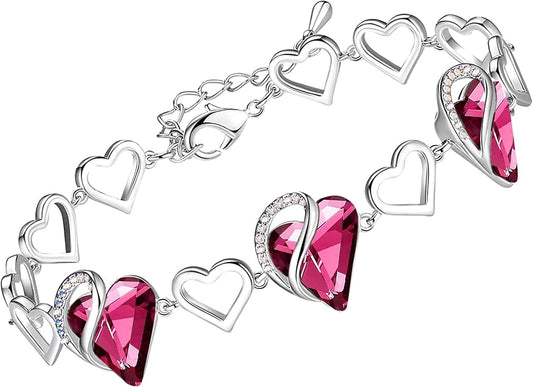 Leafael Infinity Love Heart Link Bracelets, Birthstone or Healing Stone Crystal Bracelet for Women, Silver Tone Jewelry Gifts for Her, 7-inch Chain and 2-inch Extender