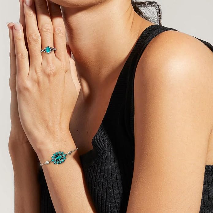 Native American Genuine Turquoise Squash Blossom Bracelet for Women 925 Sterling Silver Boho Turquoise Adjustable Bracelets for Her Wife Mom