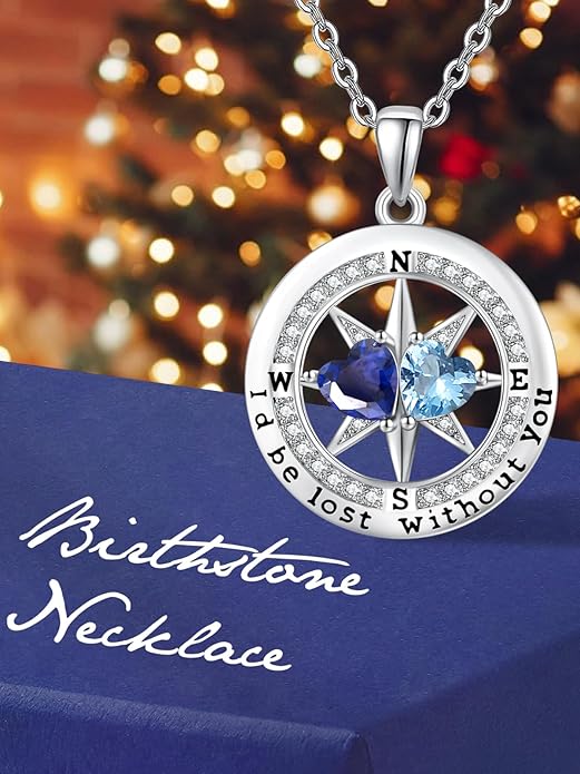 Compass Birthstones Necklace for Women, Exquisite Anniversary Birthday Gifts for Wife Her Double Birthstone Pendant jewelry ‘I'd be Lost Without You’