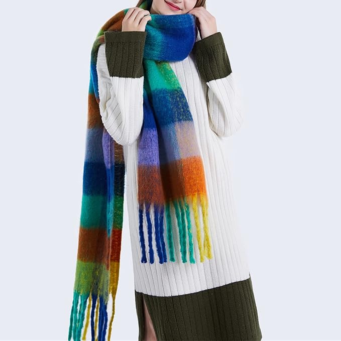 SHOHOKU Large Chunky Plaid Scarf Coloured Checked Oversized Scarf Tassel Soft Fall Winter Thick Warm Shawl Women